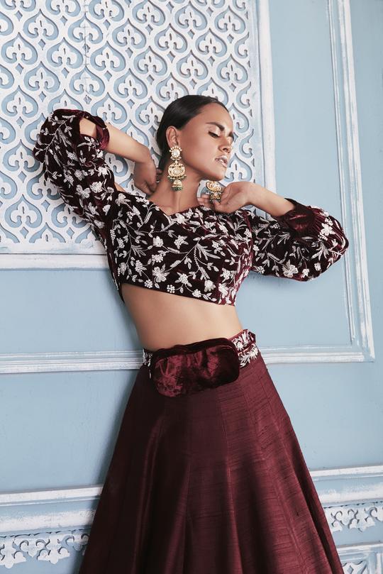 Wine Embellished Crop Top With Layered Skirt Design by Mehak Murpana at  Pernia's Pop Up Shop 2024