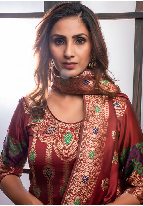 Red Banarasi Plus Size Silk Salwar Kameez  Palazzo Suits SFWLLT37305 - ShreeFashionWear  