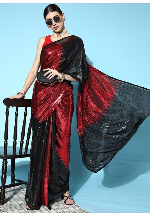 Red Black Indian Designer Georgette Fabric Saree SRPRF166205 - ShreeFashionWear  