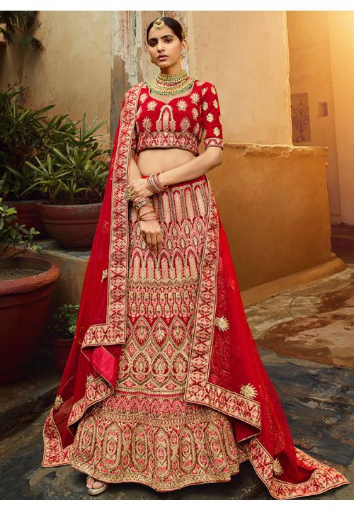 Red Bridal Indian Pakistani Bridal Lehenga In Velvet SRARY7402