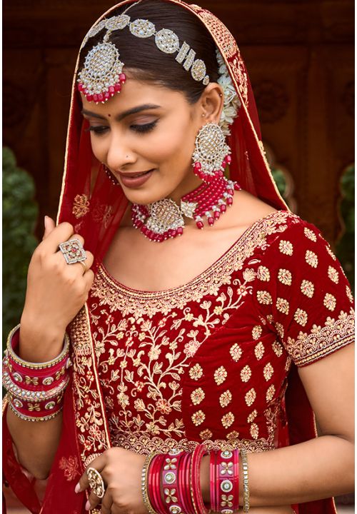 Red Bridal Indian Wedding Lehenga Choli In Velvet SRSMT5202