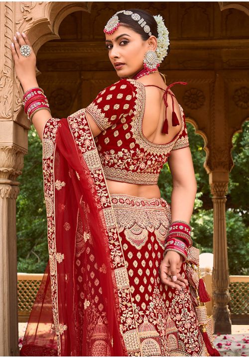 Red Bridal Indian Wedding Lehenga Choli In Velvet SRSMT5202