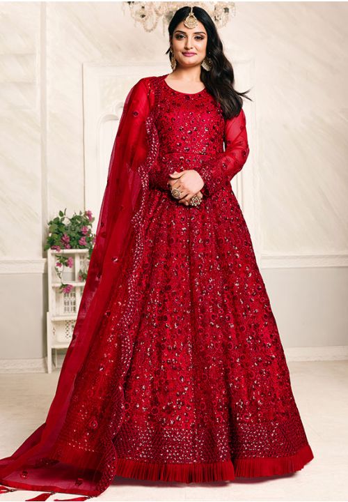 Red Bridal Sequined Net Designer Anarkali Suit SFDFS15104 - ShreeFashionWear  