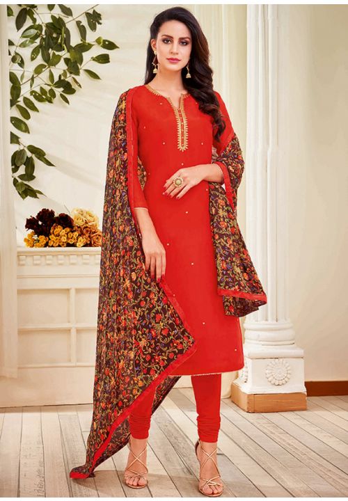 Red Cotton Salwar Pant Suit SRROY320306 - ShreeFashionWear  