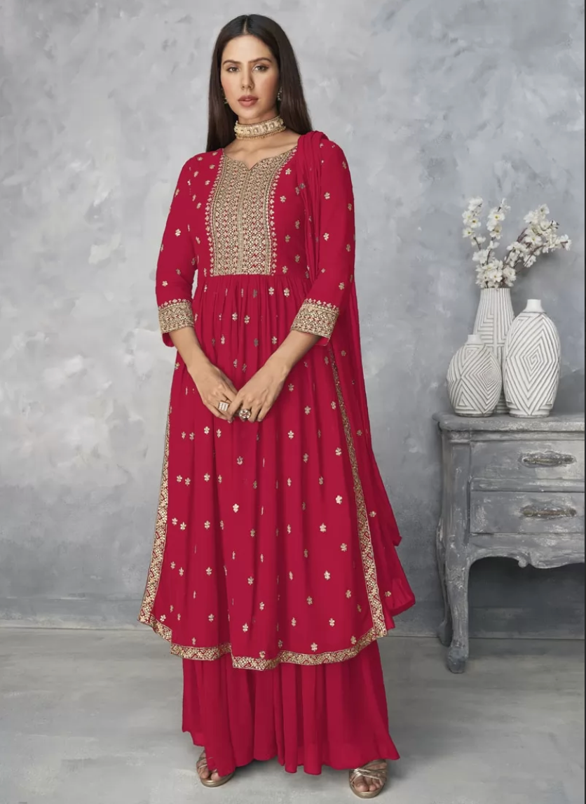 Red Georgette Indian Pakistani Palazzo Suit SFZ110986 - ShreeFashionWear  
