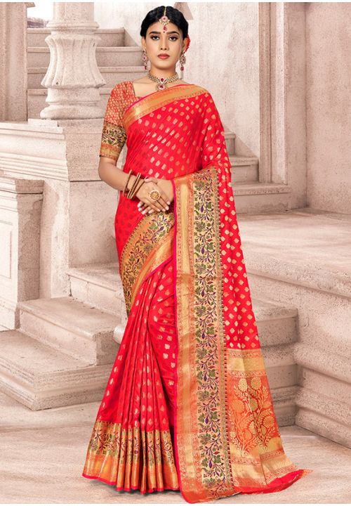 Red Gold Indian Wedding Banarasi Silk Saree RSSGM37905 - ShreeFashionWear  
