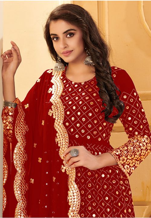 Red Indian Wedding Bridesmaid Long Anarkali Mirror Work SAYS70005 - ShreeFashionWear  