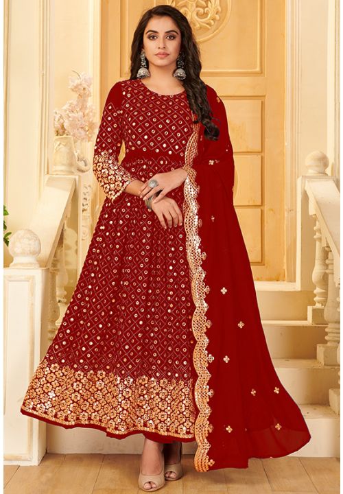 Red Indian Wedding Bridesmaid Long Anarkali Mirror Work SAYS70005 - ShreeFashionWear  