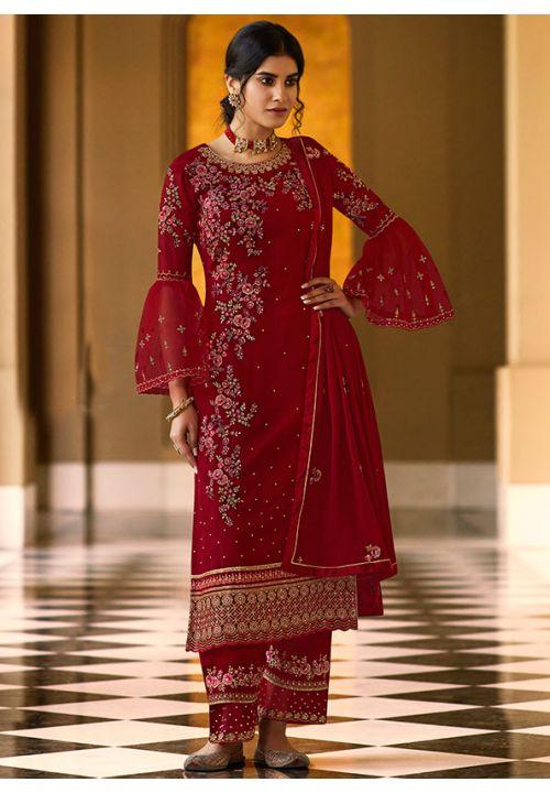 Red Maroon Pure Georgette Plussize Wedding Palazzo Suit  SFSA255204 - ShreeFashionWear  