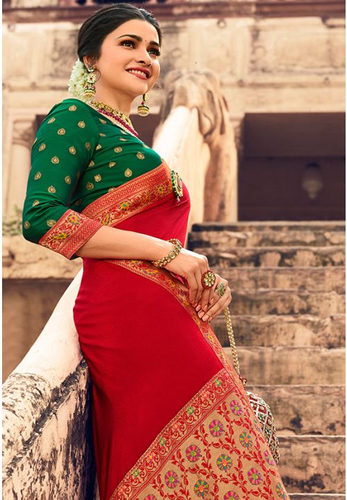 Red Prachi Desai Silk Crepe Designer Saree SFFSN23105 - ShreeFashionWear  