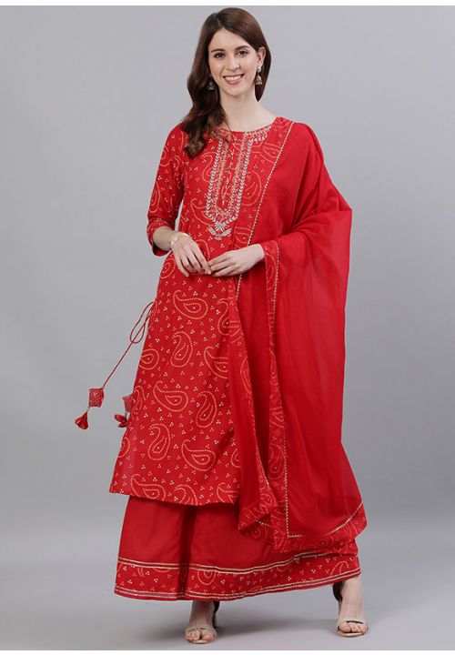 Red Pure Cotton Readymade Sarara Palazzo Kameez Medium - 2XL JUNE32 - ShreeFashionWear  