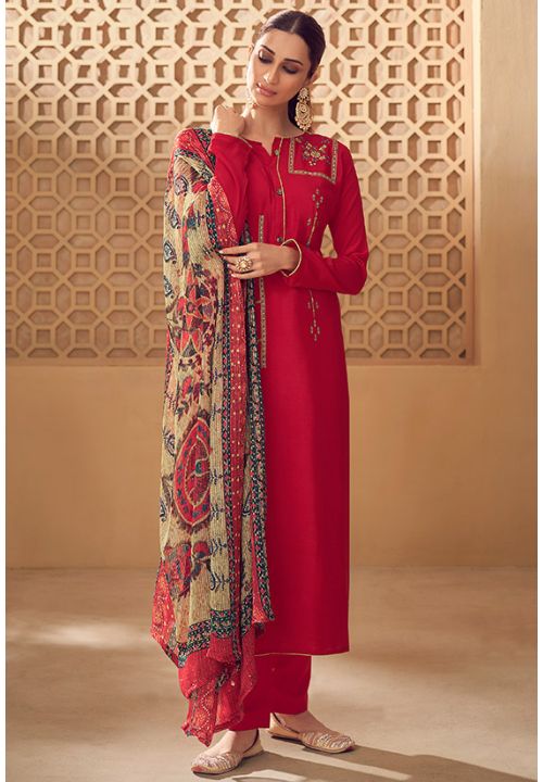 Red Pure Muslin Plus Size Salwar Pant Palazzo Suit SRDSIF9201 - ShreeFashionWear  