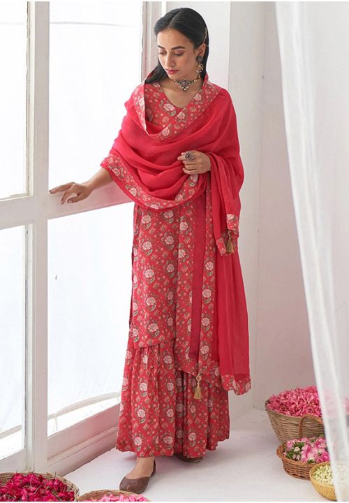 Red Readymade Palazzo Sharara Suit In Muslin SFANB62501R