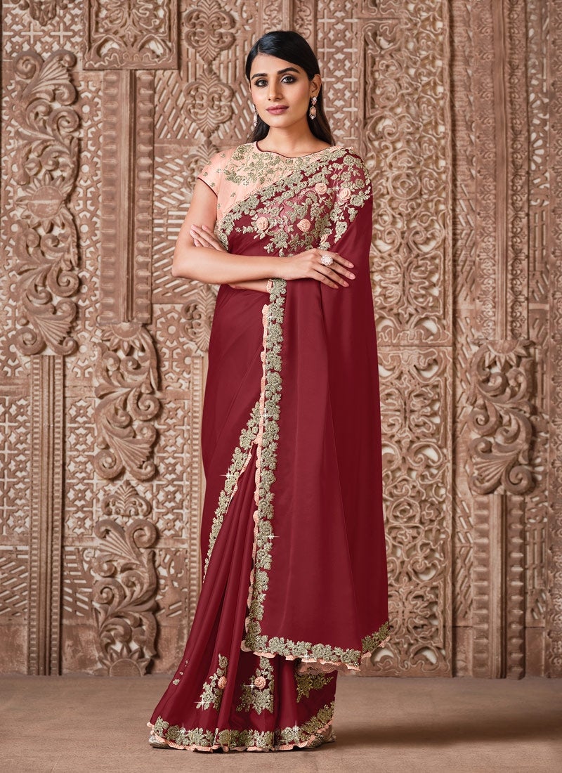 Red Silk Satin Wedding Party Designer Saree FZ101513 - ShreeFashionWear  