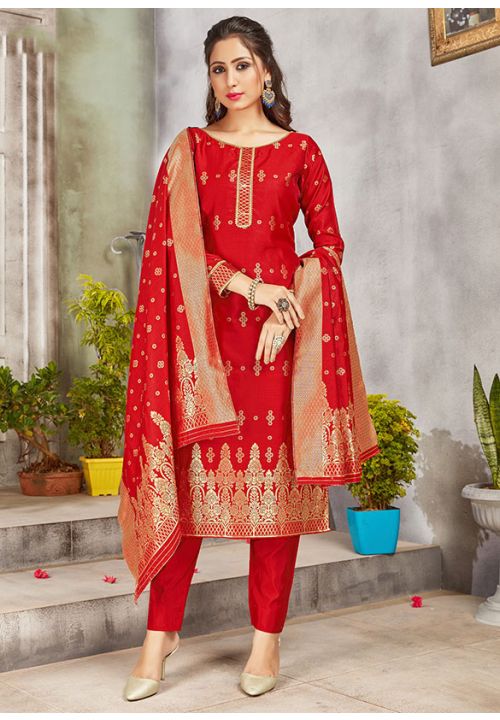 Red Wedding Banarasi Art Silk Palazzo Suit Salwar Pants - ShreeFashionWear  