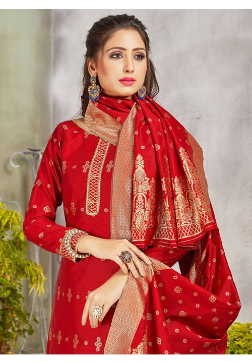 Red Wedding Banarasi Art Silk Palazzo Suit Salwar Pants - ShreeFashionWear  