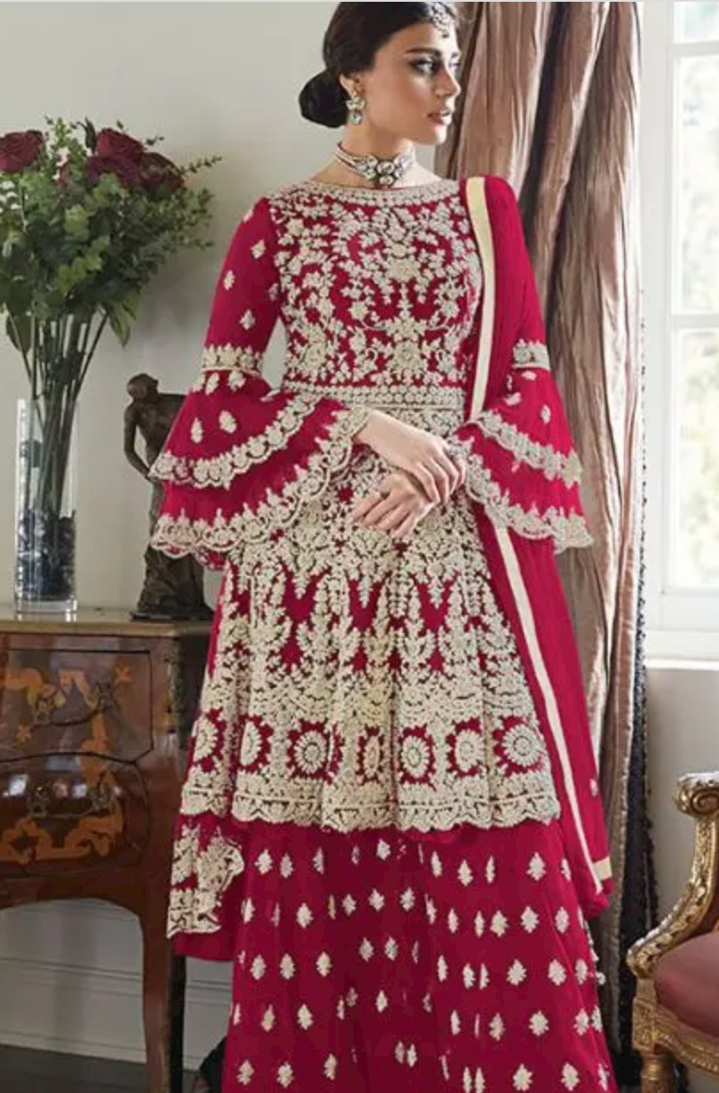 Red Wedding Palazzo Suit In Net Heavy Embroidery Work SFYS50104D - ShreeFashionWear  