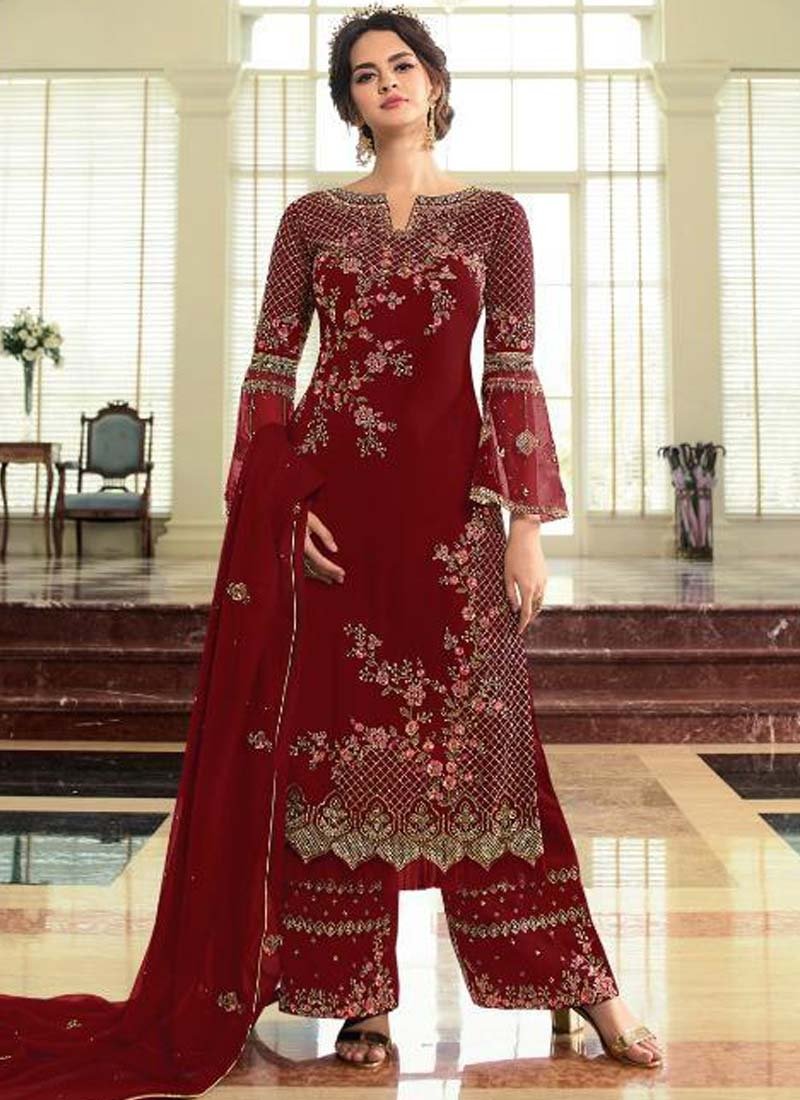 Red Wedding Party Palazzo Suit Satin Georgette SFFZ81512 - ShreeFashionWear  