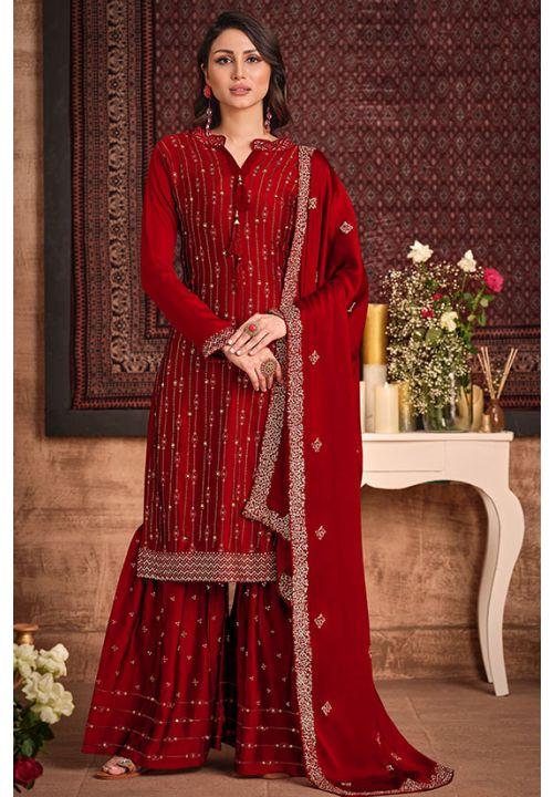 Red Wedding Sangeet Palazzo Sharara Suit Silk Georgette SFYS65805 - ShreeFashionWear  