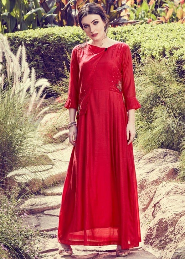 Red Long Kurti Tunic Viscose Fabric SFYDS098 - ShreeFashionWear  
