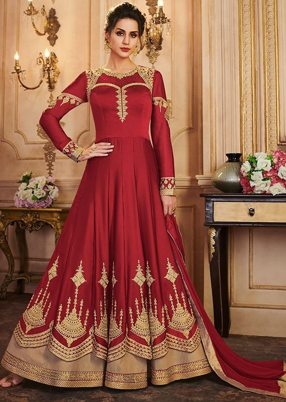 Red Two Layers In Silk Heavy Embroidery Suit SHREE431 - ShreeFashionWear  