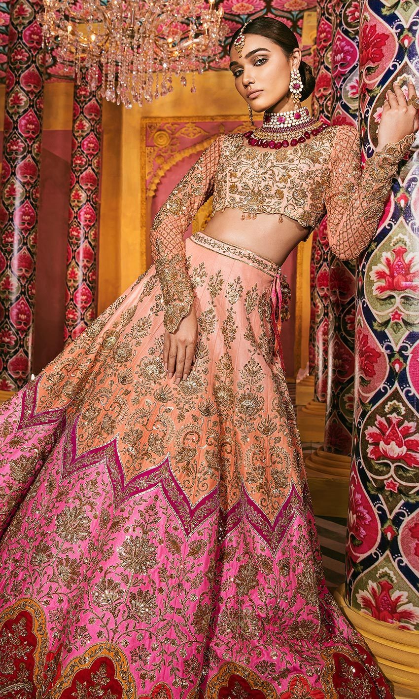 Peach Multi Embroidered Bridal Lehenga at Rs 10395 | कढ़ाई वाला दुल्हन का  लेहंगा in Surat | ID: 23000159033