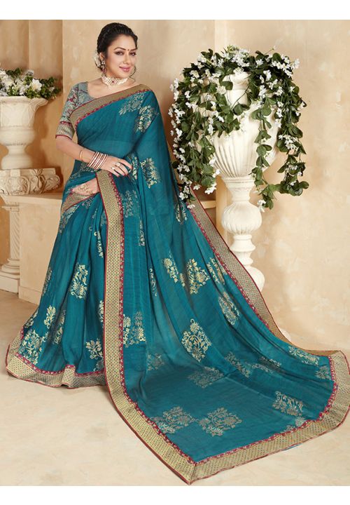 Rupali Ganguly Teal Blue Bollywood Designer Chiffon Saree SFBLK1097 - ShreeFashionWear  