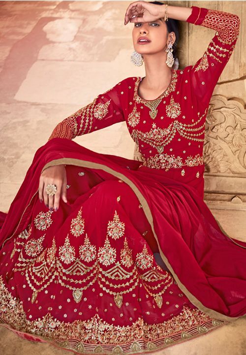 Red Designer Bridesmaid Long Anarkali Suit In Georgette SRSA300802 - ShreeFashionWear  