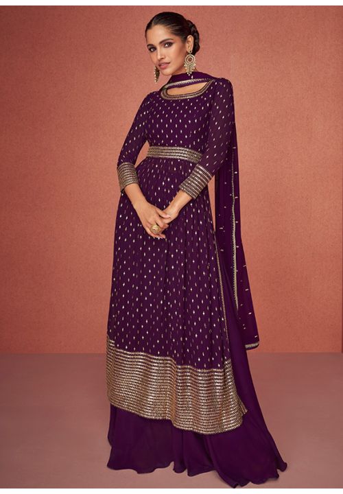Purple Indian Georgette Long Palazzo Suit SFSMT7901