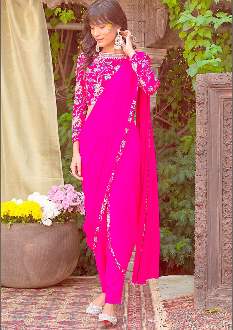 Pink Georgette Fully Stitched Ready Made Saree Embroidery Work  SFBIRDAL078 - ShreeFashionWear  