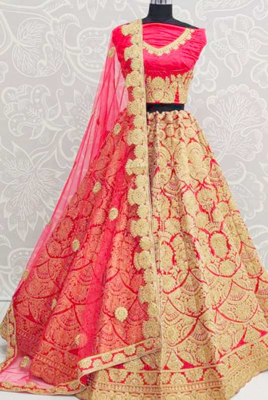 Red Gold Super Heavy Bridal Lehenga In Art Silk Stone Work SIYA3230 - ShreeFashionWear  