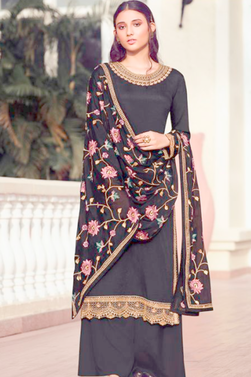 Black Plus Size Chinnon Fabric Palazzo Salwar Kameez PLUS457 - ShreeFashionWear  