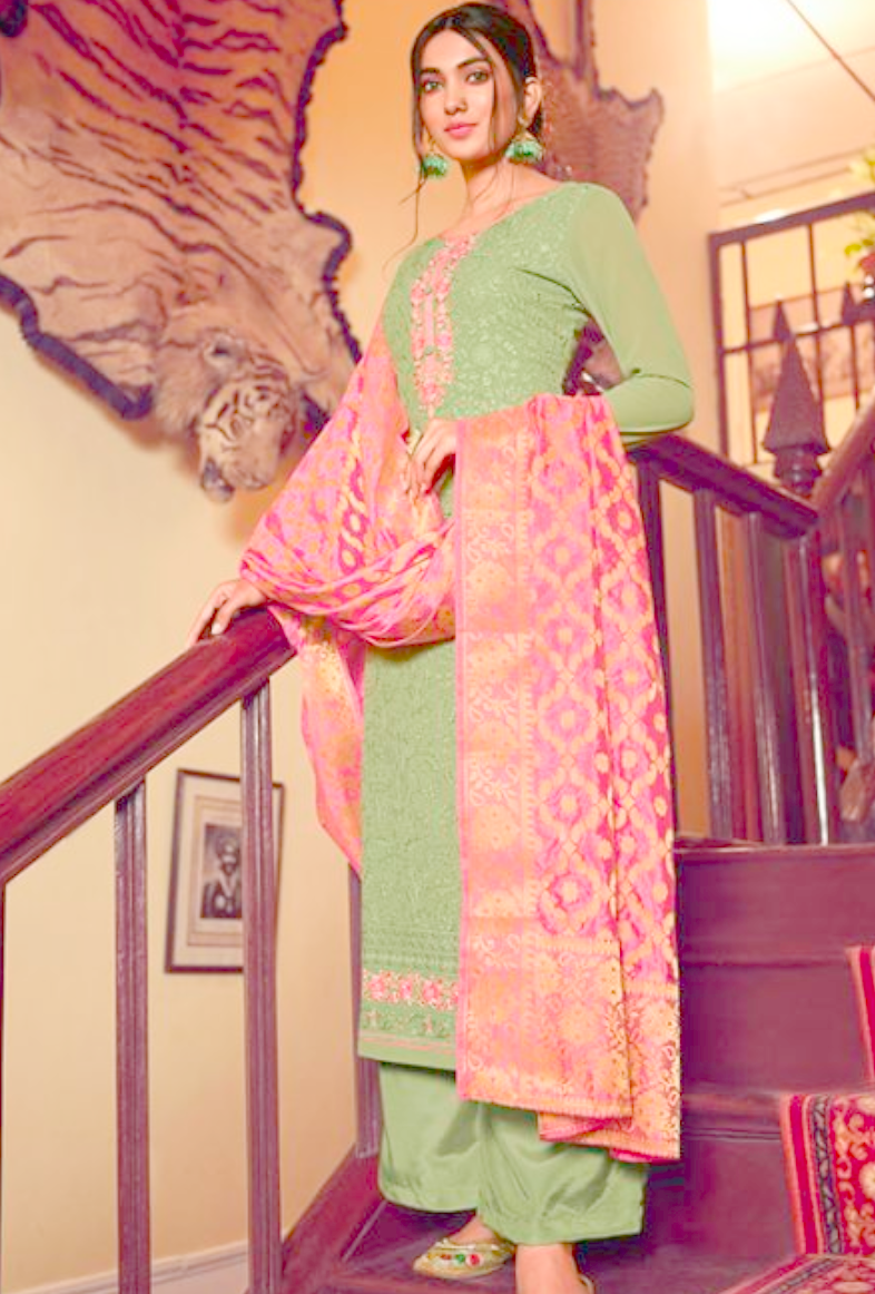 Green Peach Sangeet Plus Size  Palazzo Salwar Kameez Lakhnavi Fabric PLUS244 - ShreeFashionWear  