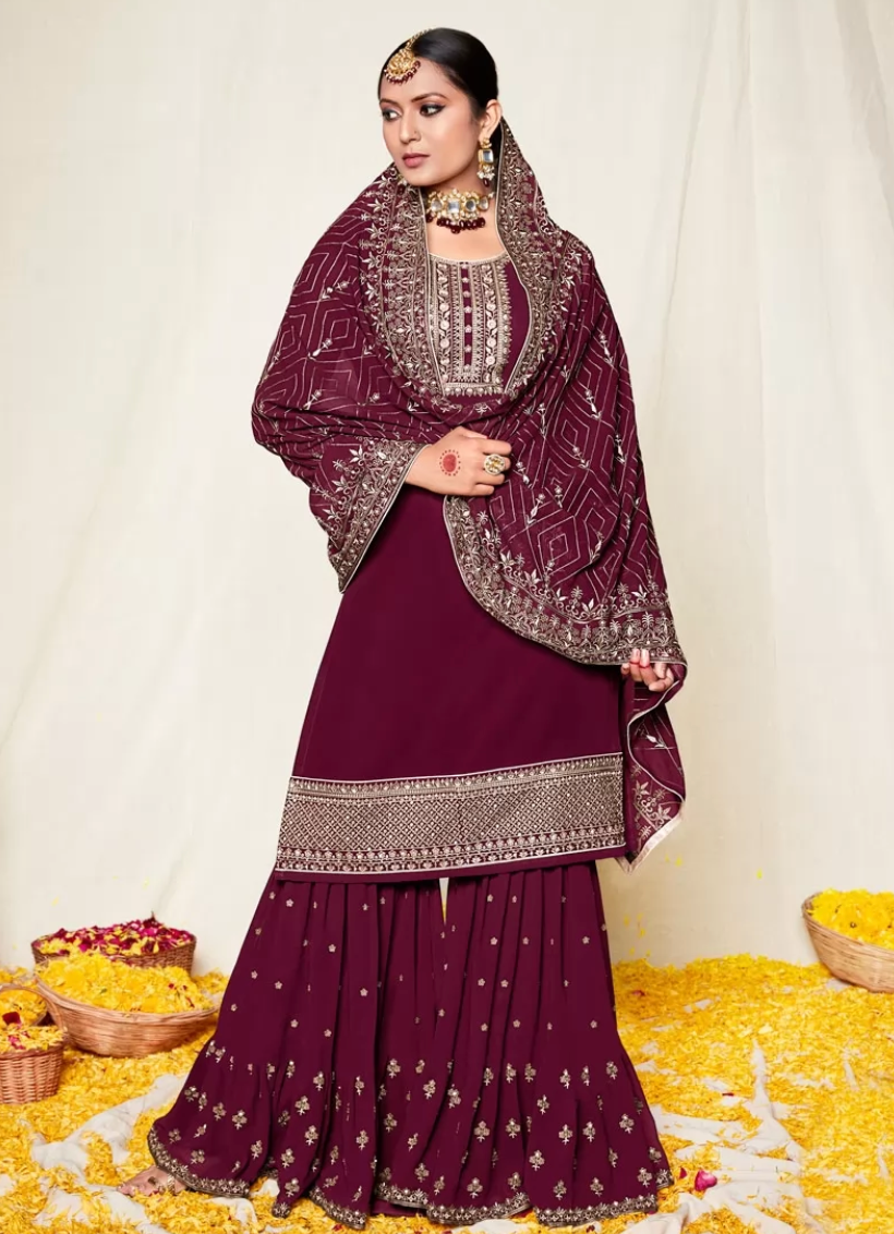 Wine Georgette Indian Pakistani Wedding Palazzo Suits SFZ111543 - ShreeFashionWear  
