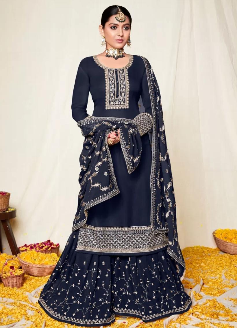 Teal Blue Georgette Indian Pakistani Wedding Palazzo Suits SFZ111542 - ShreeFashionWear  