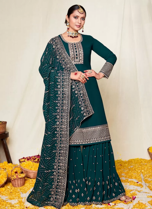 Teal Green Georgette Indian Pakistani Wedding Palazzo Suits SFZ111540 - ShreeFashionWear  
