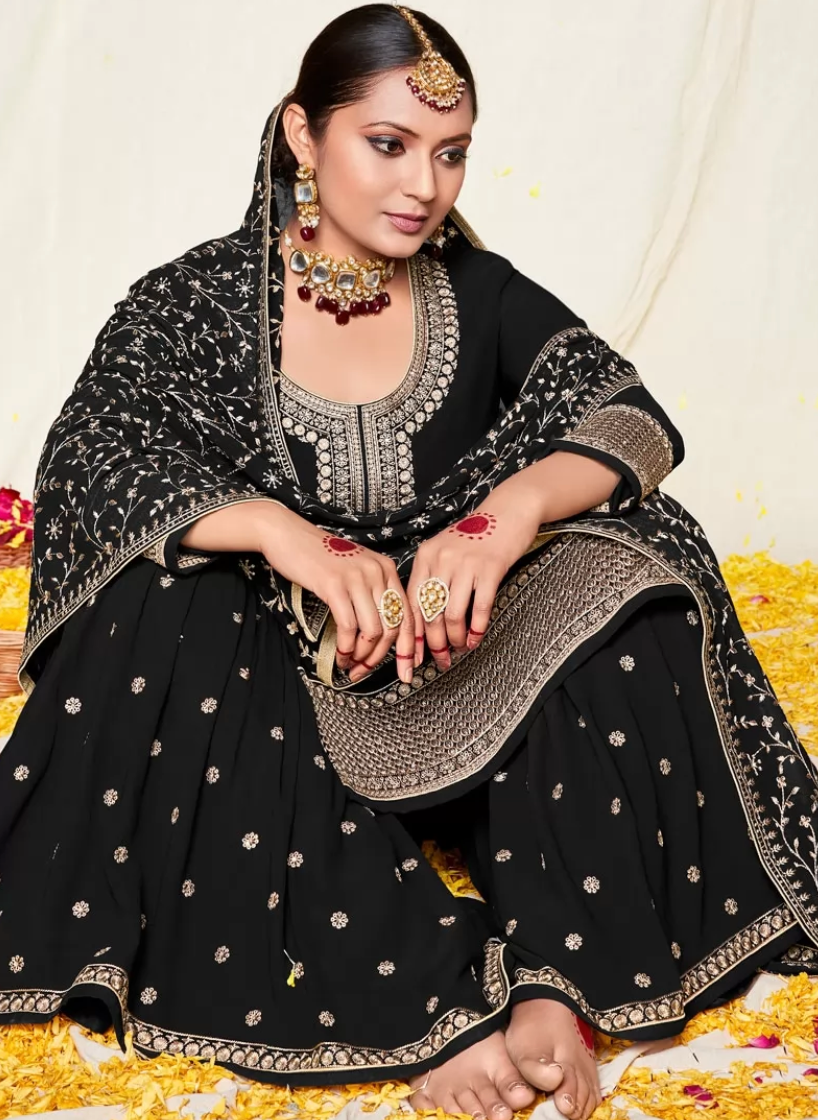 Black Georgette Indian Pakistani Wedding Palazzo Suits SFZ111538 - ShreeFashionWear  