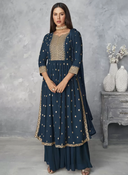 Teal Blue Georgette Indian Pakistani Palazzo Suit SFZ110982 - ShreeFashionWear  