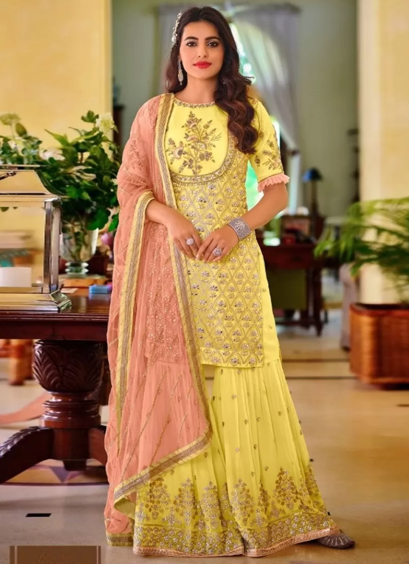 Yellow Bridal Sharara Palazzo Suits In Georgette SRF110698 - ShreeFashionWear  
