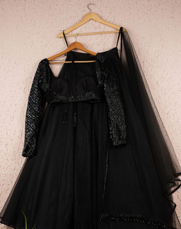Buy Black Blouse Chinon Embellished Sequin V Neck Waves Work Lehenga Set  For Women by Samyukta Singhania Online at Aza Fashions.