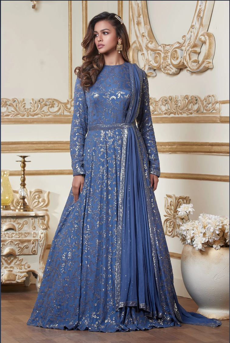 Elegant Designer Wedding Long Anarkali Gown Blue Gold SFSKDCL4566 - ShreeFashionWear  