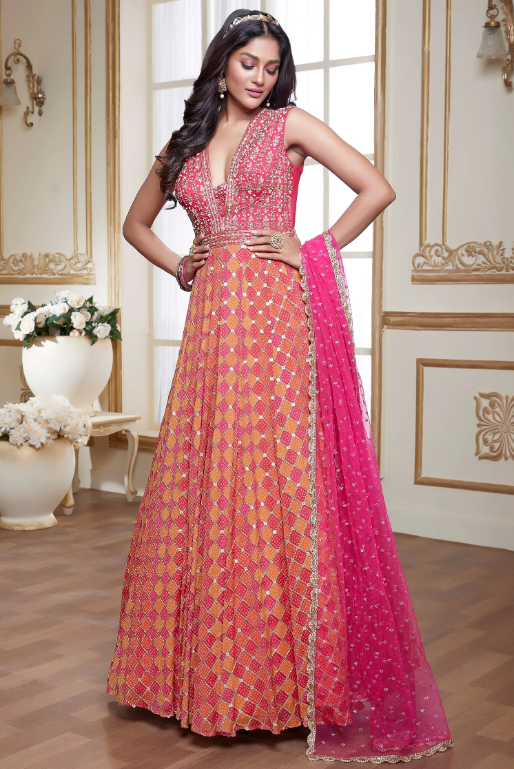 Pink Orange Bridal Designer Long Anarkali Gown SF SKDCL4555 - ShreeFashionWear  