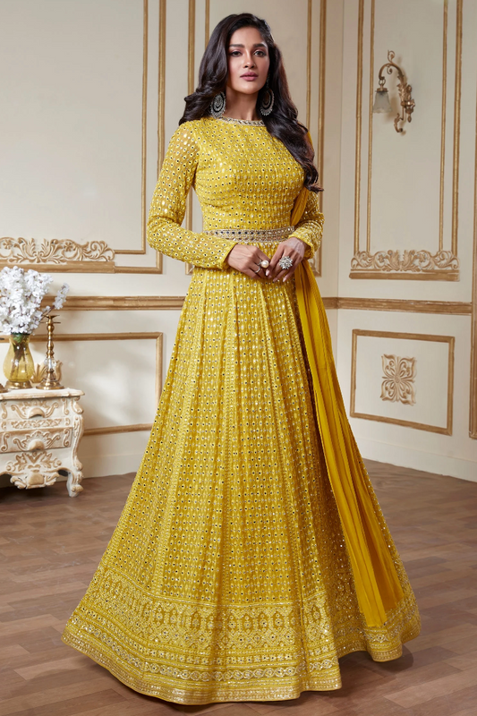 Yellow Bridal Designer Long Anarkali Gown SFSKDCL4565 - ShreeFashionWear  