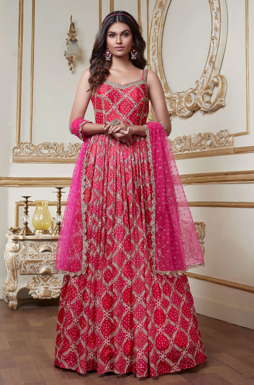 Pink Bridal Designer Long Anarkali Gown In Bandhej  SFSKDCL4554 - ShreeFashionWear  