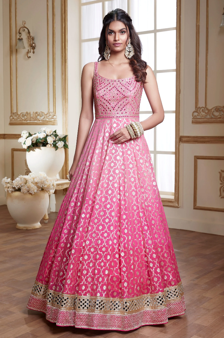 French Pink Bridal Designer Long Anarkali Gown In Georgette SFSKDCL4557 - ShreeFashionWear  