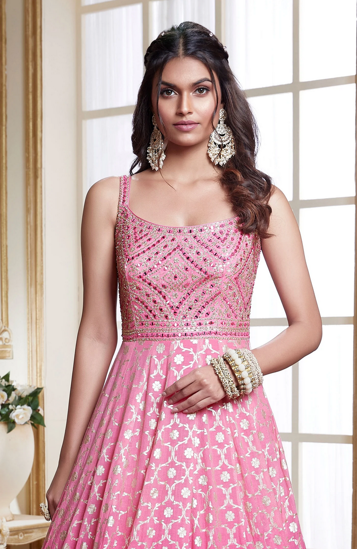 French Pink Bridal Designer Long Anarkali Gown In Georgette SFSKDCL4557 - ShreeFashionWear  