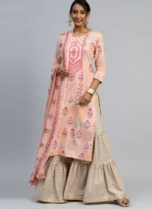 Peach Digital Sharara Palazzo Suit In Cotton SAF81487 - ShreeFashionWear  