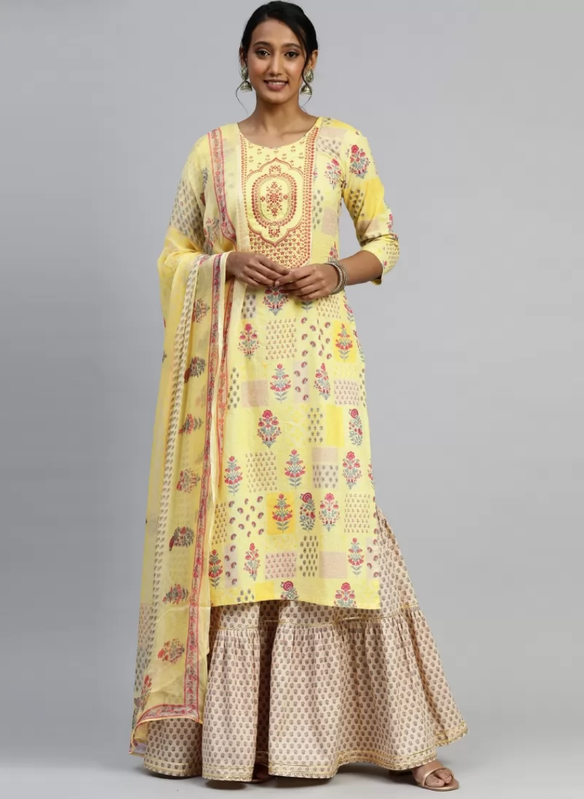 Lime Yellow Digital Sharara Palazzo Suit In Cotton SAF118809 - ShreeFashionWear  