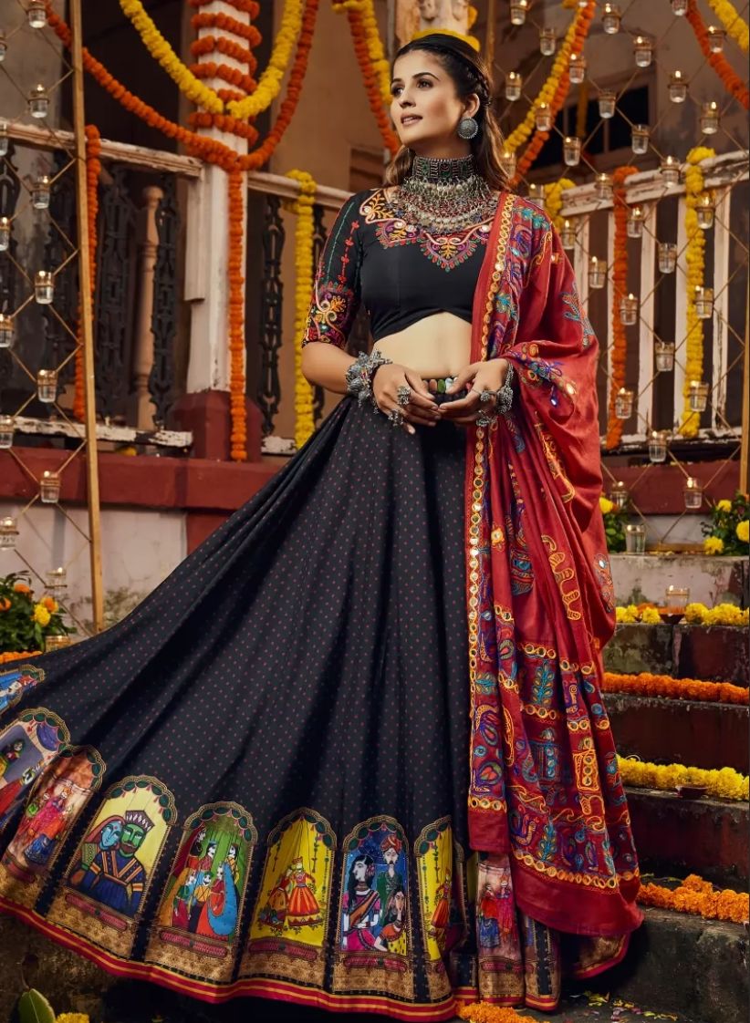 Black Navaratri Chaniya Choli Cotton Muslin Fabric SAF121004 - ShreeFashionWear  
