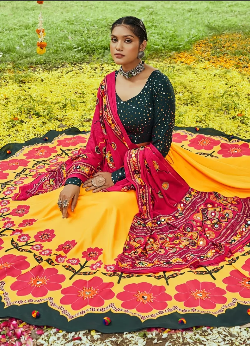 Designer Yellow Navaratri Chaniya Choli Muslin Fabric SAF121008 - ShreeFashionWear  
